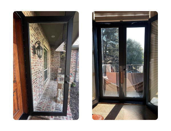 Clear-view storm door glass by Den Defenders showing full-length panels that protect from wind, rain, and sunlight